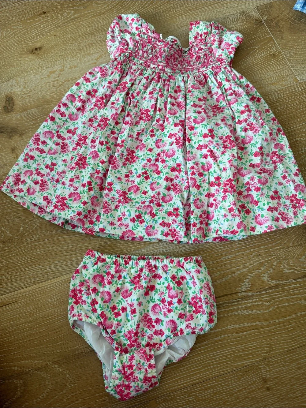 Ralph Lauren Girls Pink Floral Smocked Dress & Bloomers